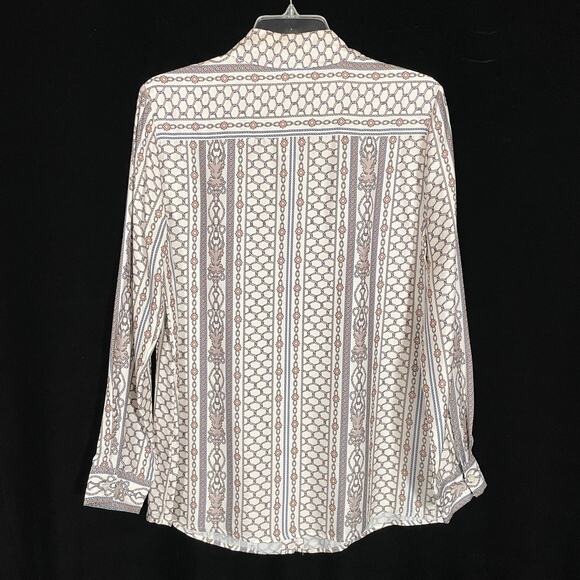 J. McLaughlin Silk Button Down Shirt Gray White Royal Scroll Chain Link Print M - Picture 4 of 4